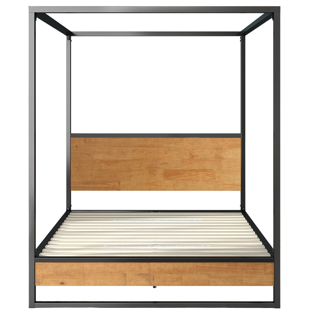 Zinus Ironline Queen canopy bed frame - black steel with wood accents, non-slip slats - AU-IRPBHC-14Q
