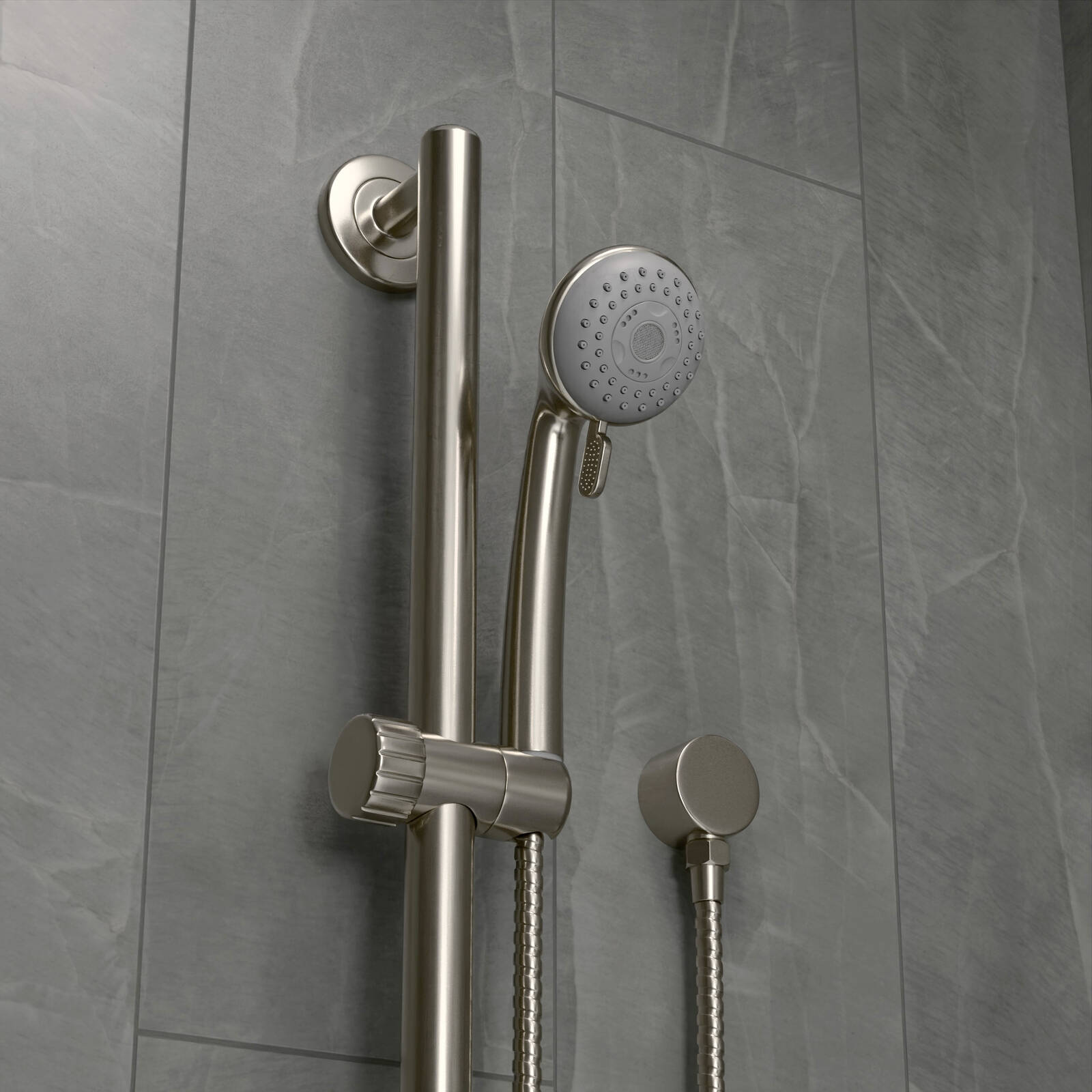 Evekare 900mm Brushed Nickel Grab Rail & 3 Function Shower, 2m Hose, 8.5L/min, 250kg, 3 Star WELS