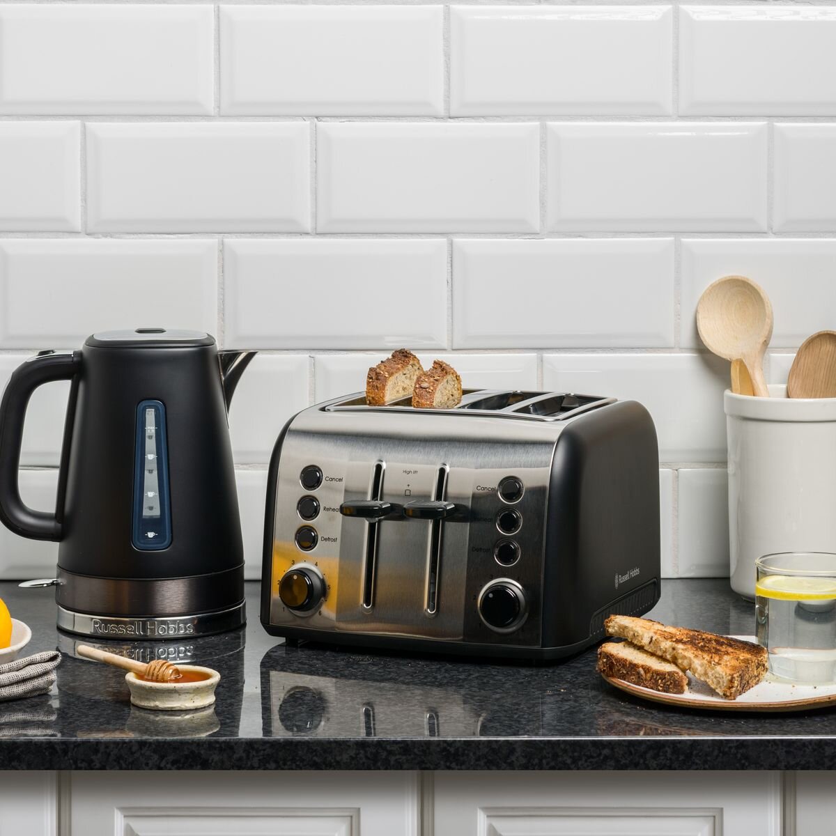 Russell Hobbs Brooklyn 4 Slice Toaster - Black with Stainless Steel Accents, Extra Wide Slots - RHT94BLK