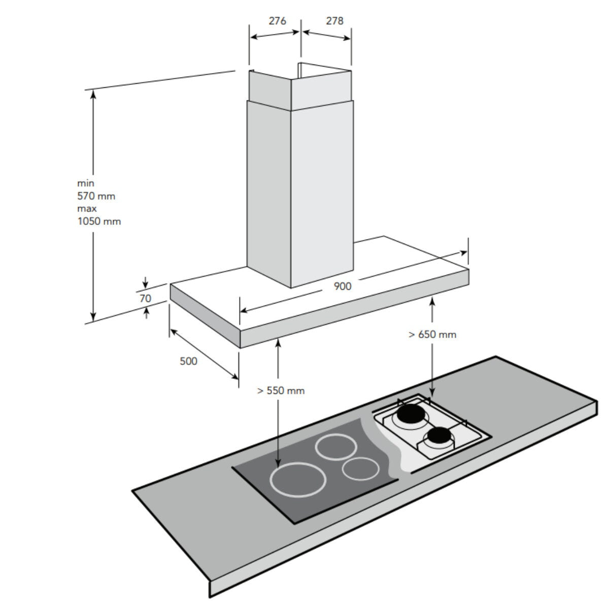 Glem Gas Quiet Air 90cm canopy rangehood - stainless steel, off-board motor, shadow-proof LED - GQA90TBLED