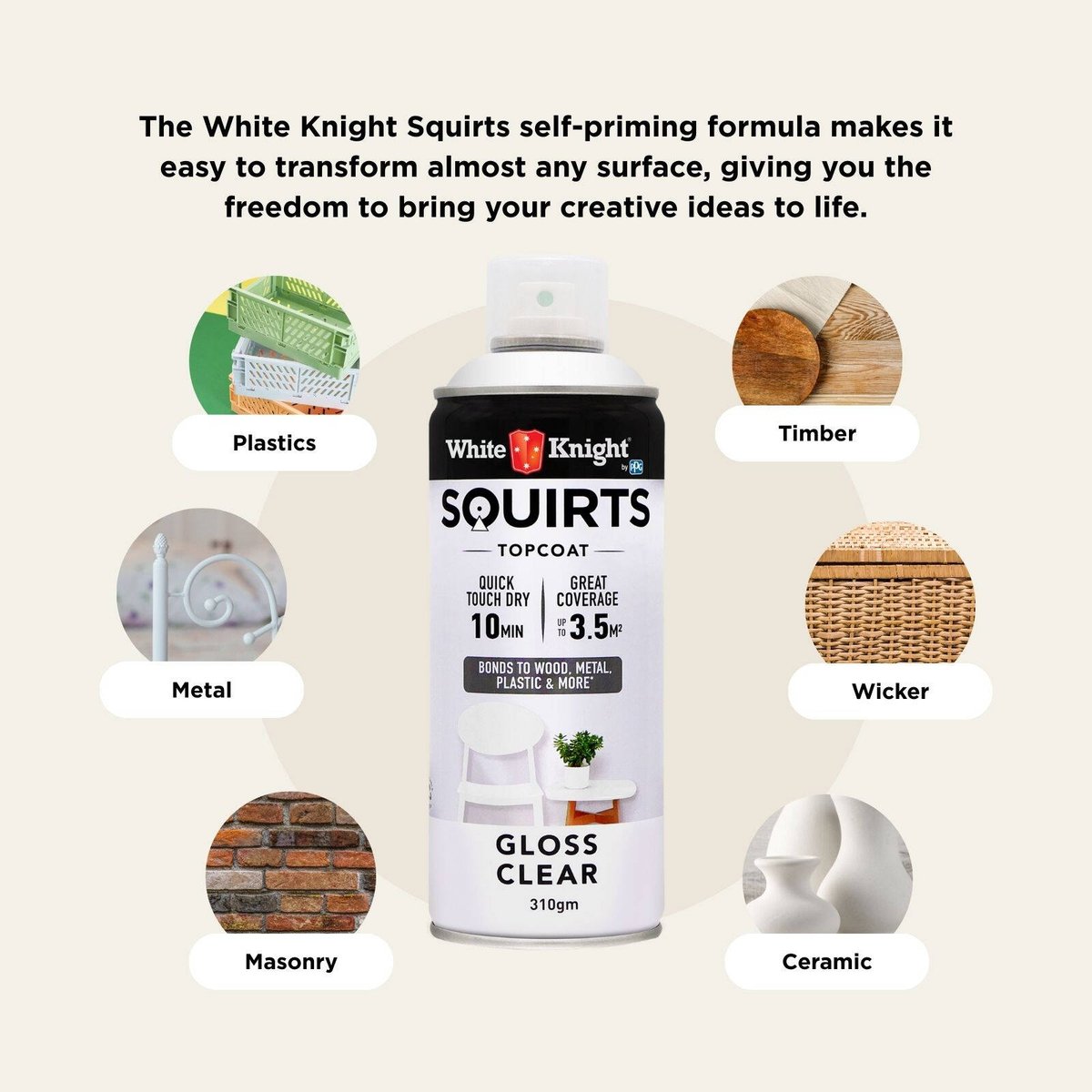 White Knight Squirts Clear Gloss Spray Paint 310g Durable Finish - SuperSaverAU - view 5