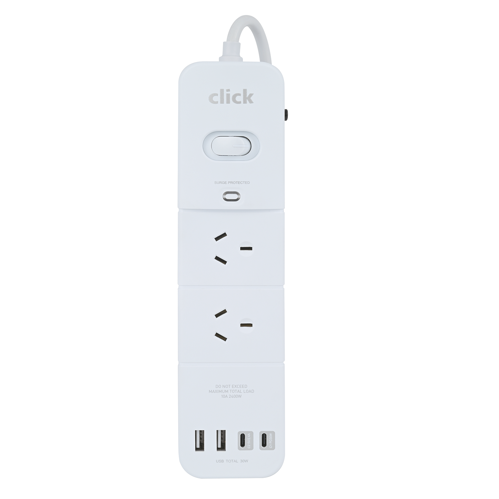 Click 6 Outlet Powerboard with Surge Protection & USB-A Ports, CKHP718W