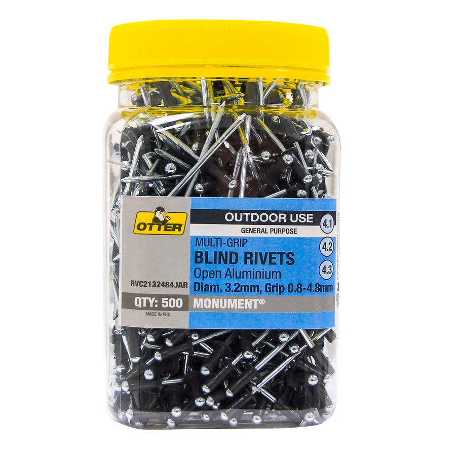 Otter 3.2 x 0.8-4.8mm Monument Aluminium Multi-Grip Open Blind Rivets 500 Pack
