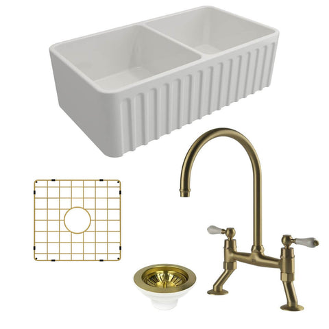 Turner Hastings Novi 85 Double Bowl Butler Sink Pack with Ludlow Bridge Mixer Tap - Brushed Brass - PKG014
