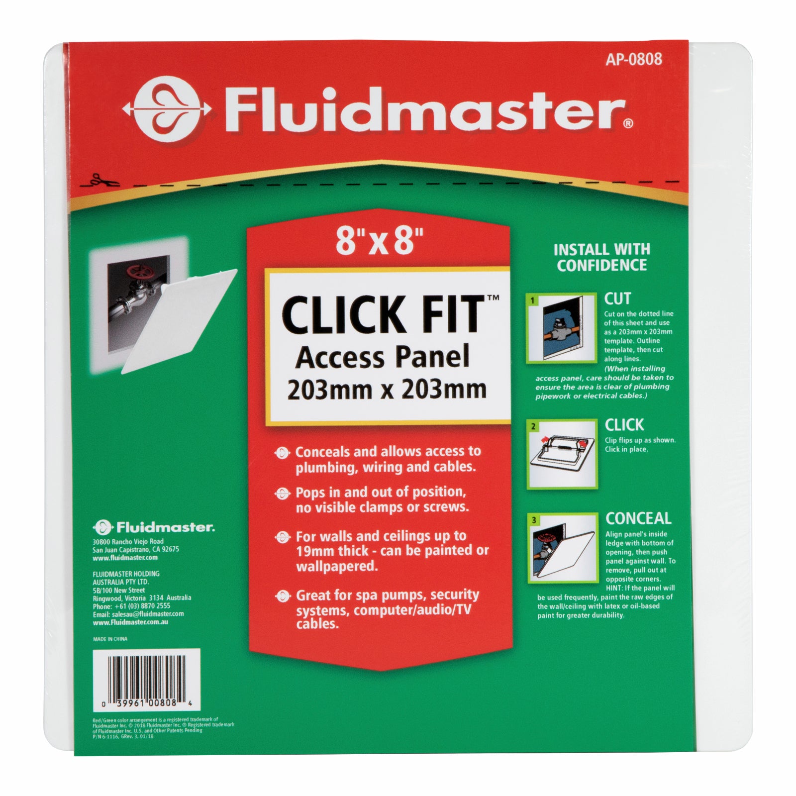 Fluidmaster 200 x 200mm White Plastic Access Panel - Paintable, Snap-In