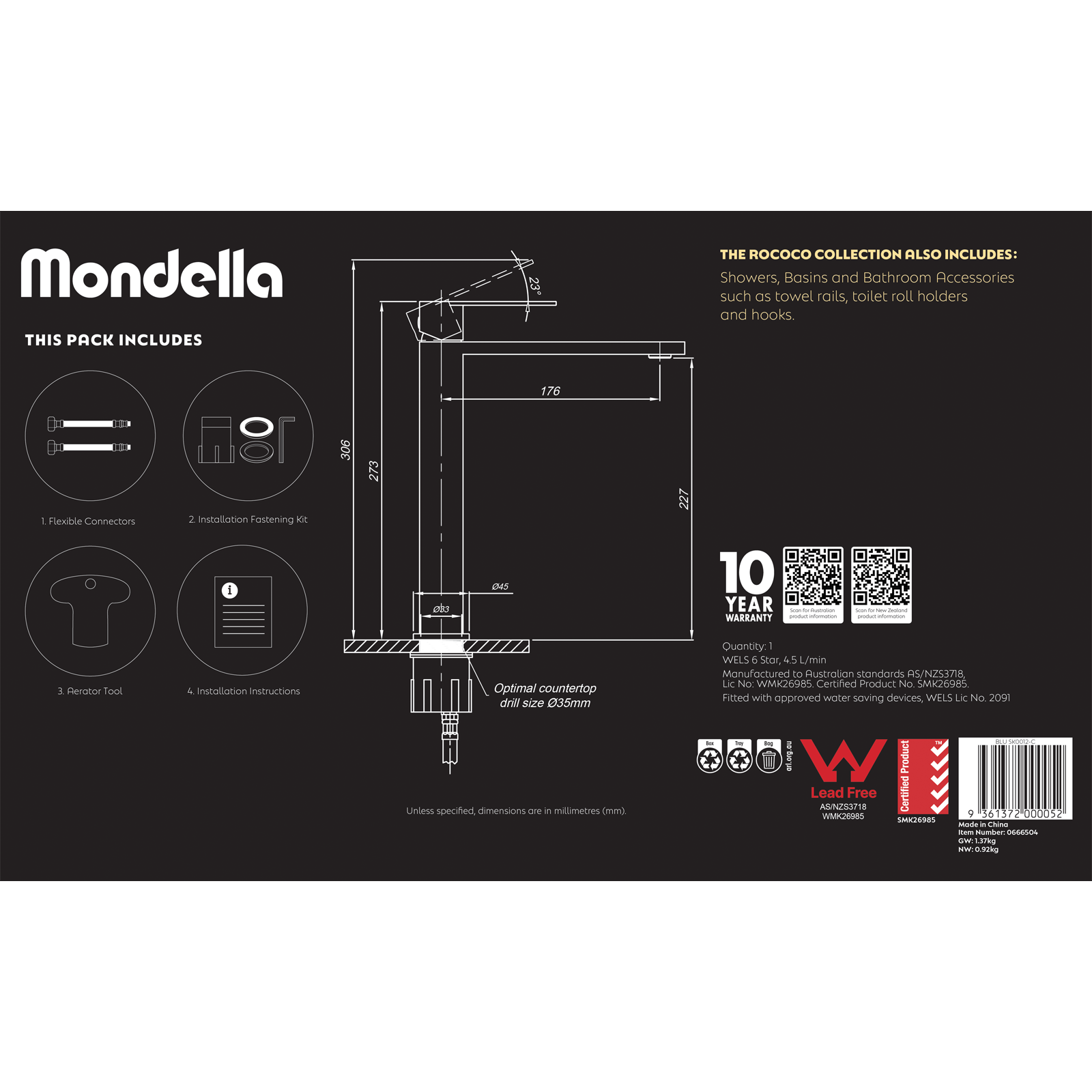 Mondella Chrome Rococo Tall Basin Mixer 6 Star WELS 4.5L/min