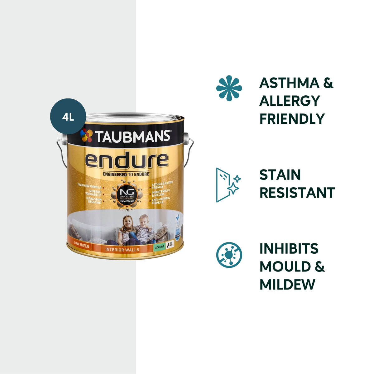 Taubmans 4L Accent Low Sheen Endure Interior Walls Paint - 4L - Stain Resistant - Low Odour - SuperSaverAU - view 2