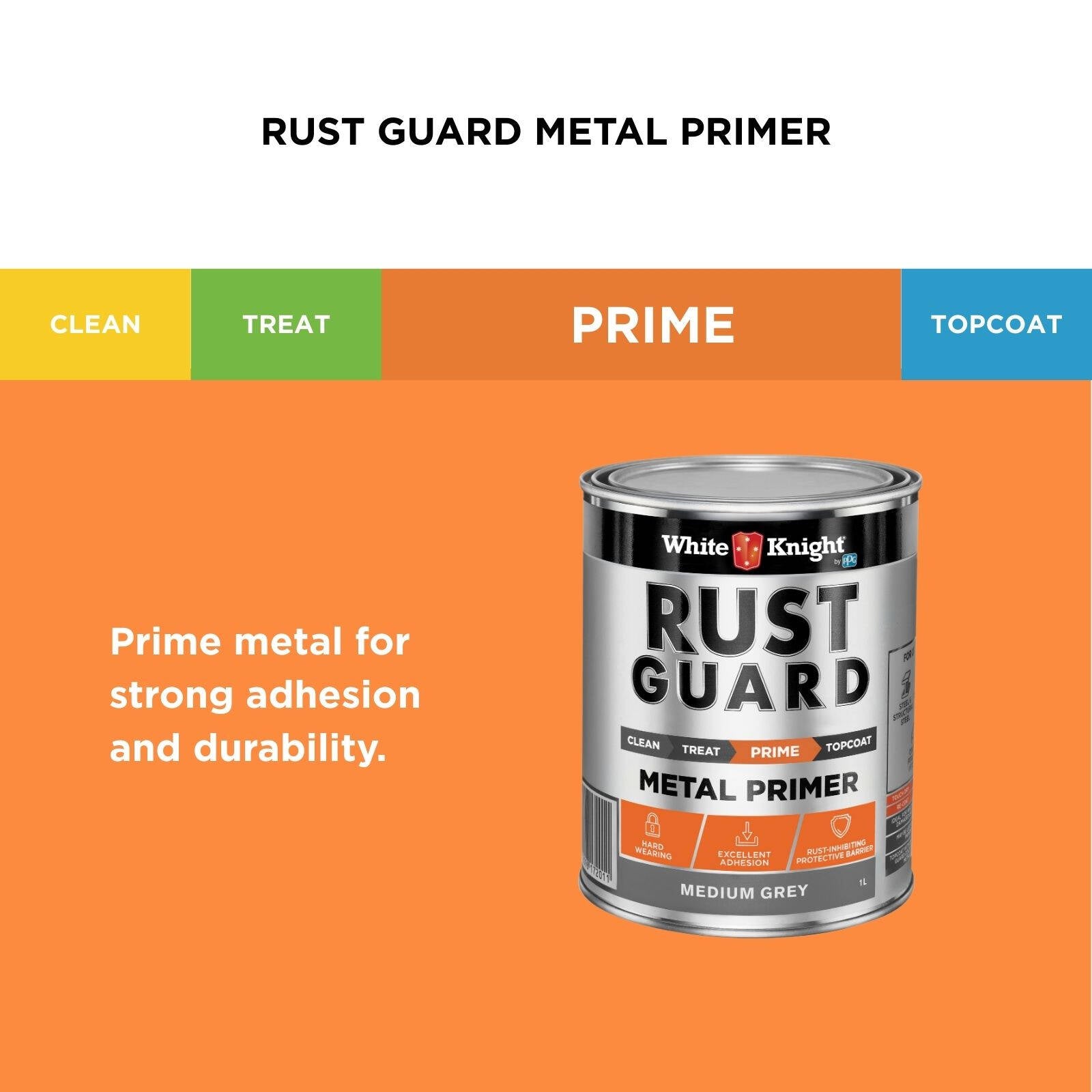 White Knight Rust Guard Metal Primer 1L - Medium Grey Solvent Based Rust-Inhibiting Primer