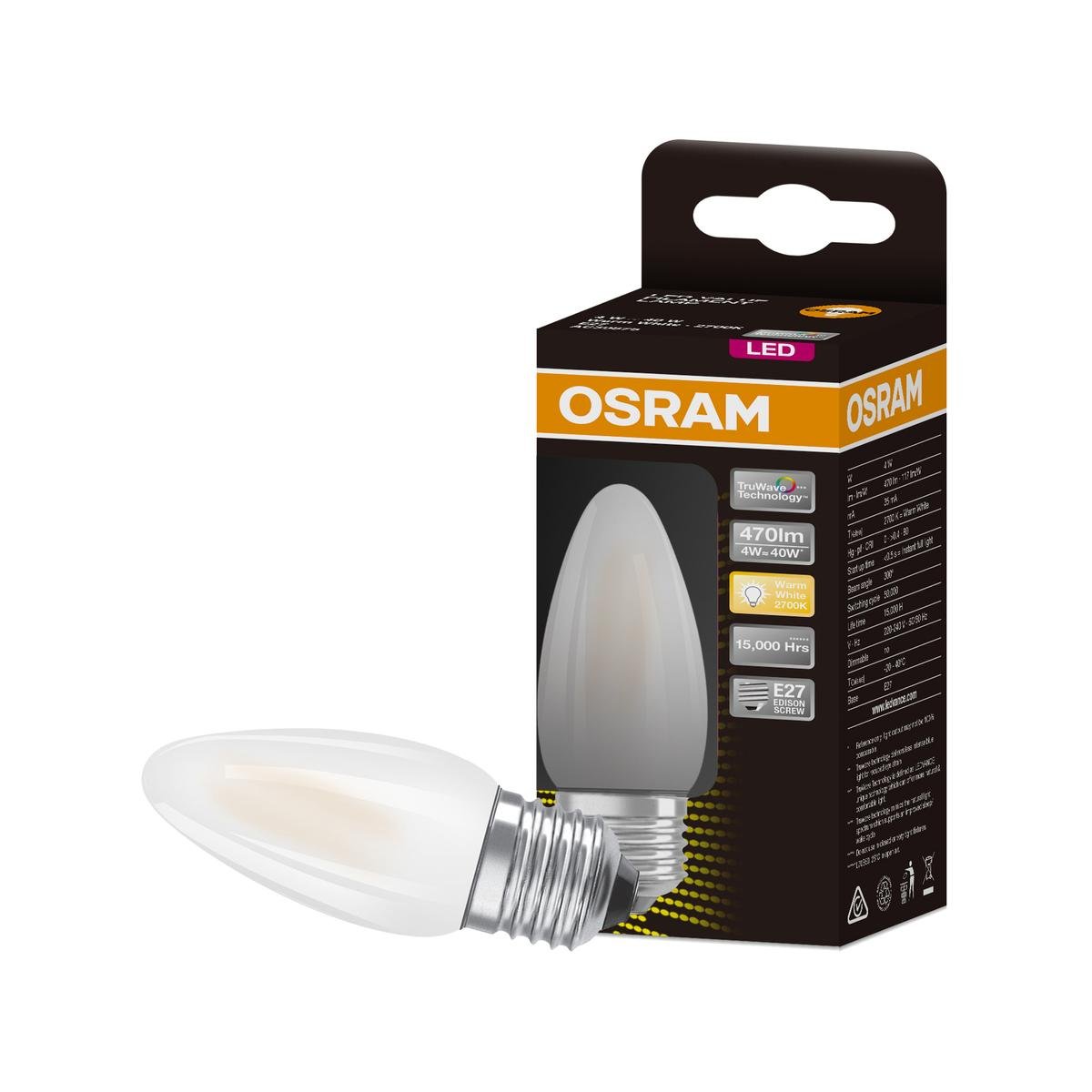 Osram 4W E27 Warm White Frosted Filament LED Candle Light Globe 51mm x 123mm - SuperSaverAU - view 1