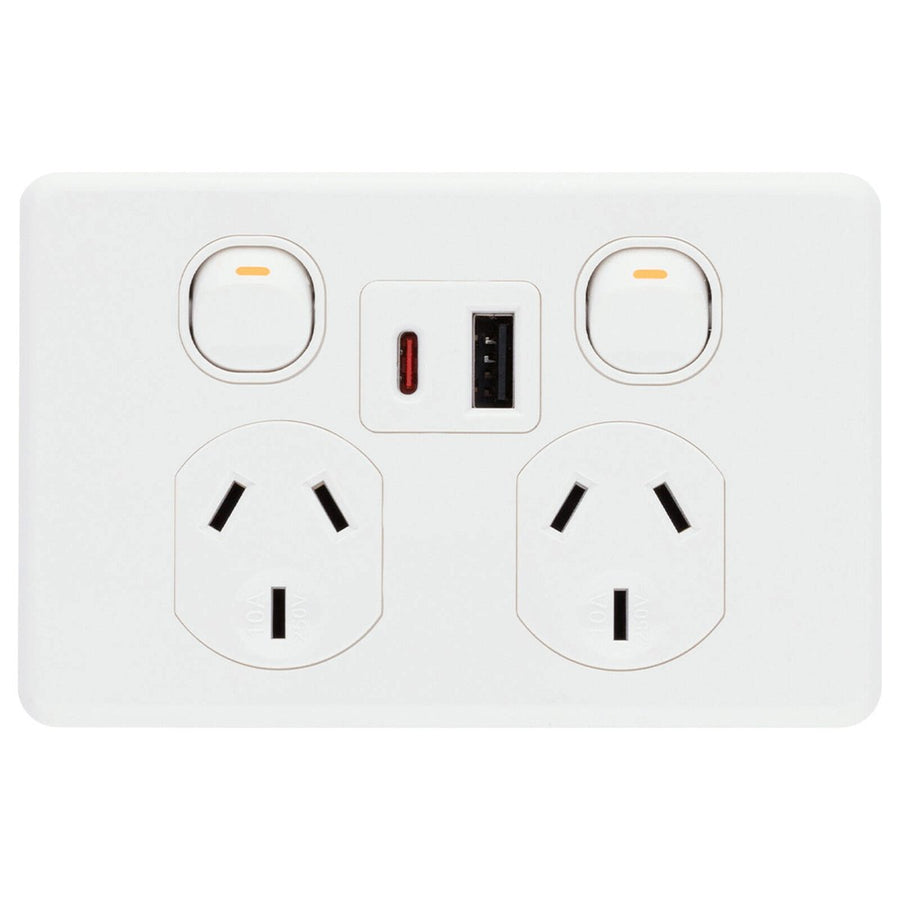 Deta x6 Double Power Point with USB A+C PD30W - 2 Outlets - 50mm x 74mm x 115mm - SuperSaverAU - view 1