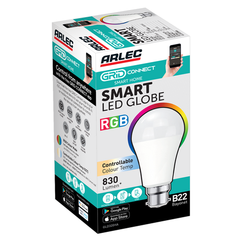 Arlec Grid Connect Smart B22 LED Globe 10W 830lm RGB CCT Dimmable GLD320HA