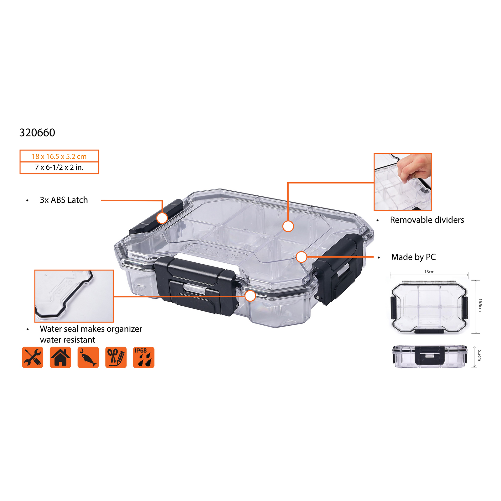 Tactix 6 Compartment Waterproof Storage Box Transparent Polycarbonate Stackable 18 x 16.5cm