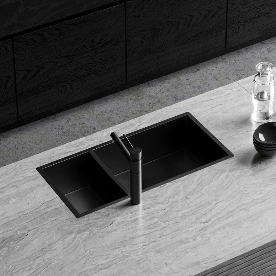 Oliveri Spectra 1 1/2 bowl black stainless steel sink - 40L and 18L bowls, 3 mounting options - SB35BK