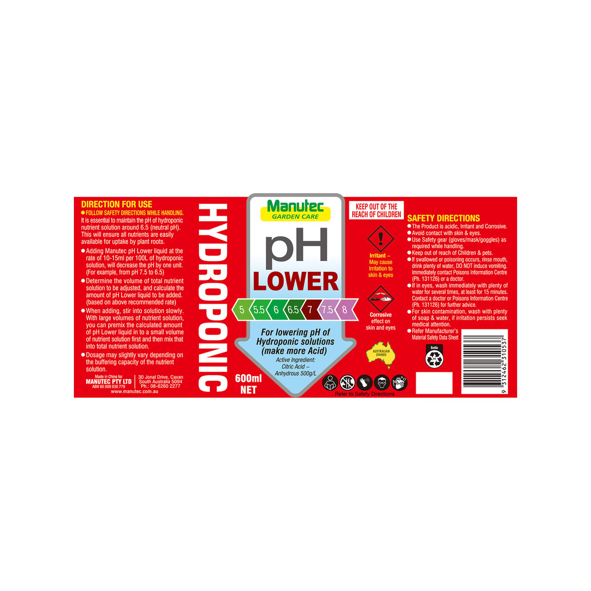 Manutec Hydroponic pH Lower - 600ml - Acid Based - Nutrient Uptake - SuperSaverAU - view 3