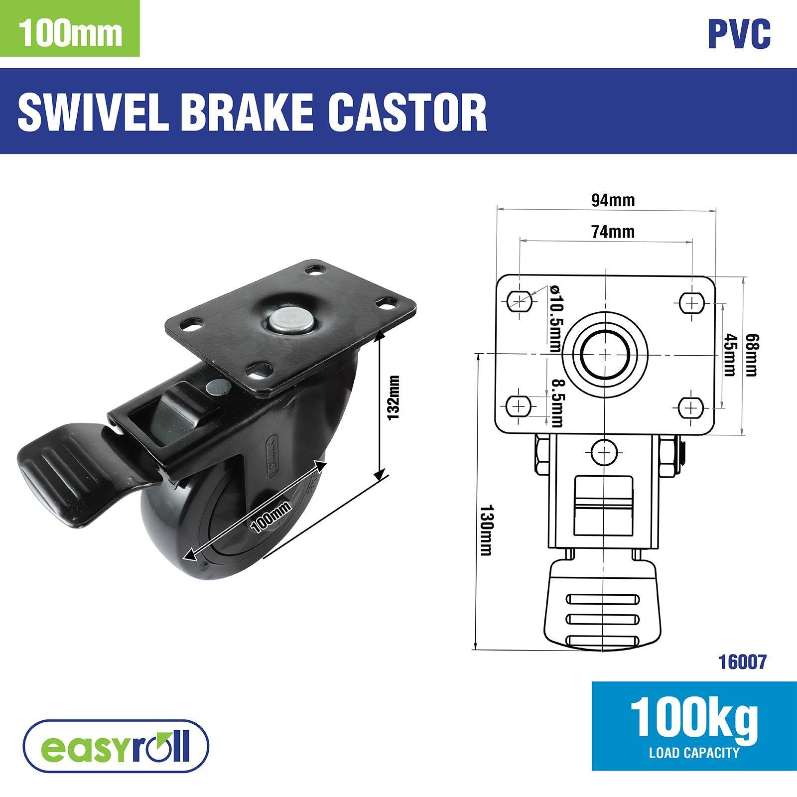 Easyroll 100mm Black PVC Swivel Brake Castor 100kg Indoor Outdoor