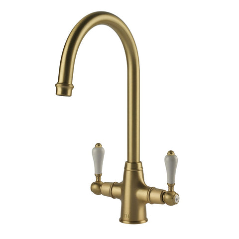 Turner Hastings Ludlow double sink mixer - brushed brass gooseneck - 5 star WELS - LU103DM-BB