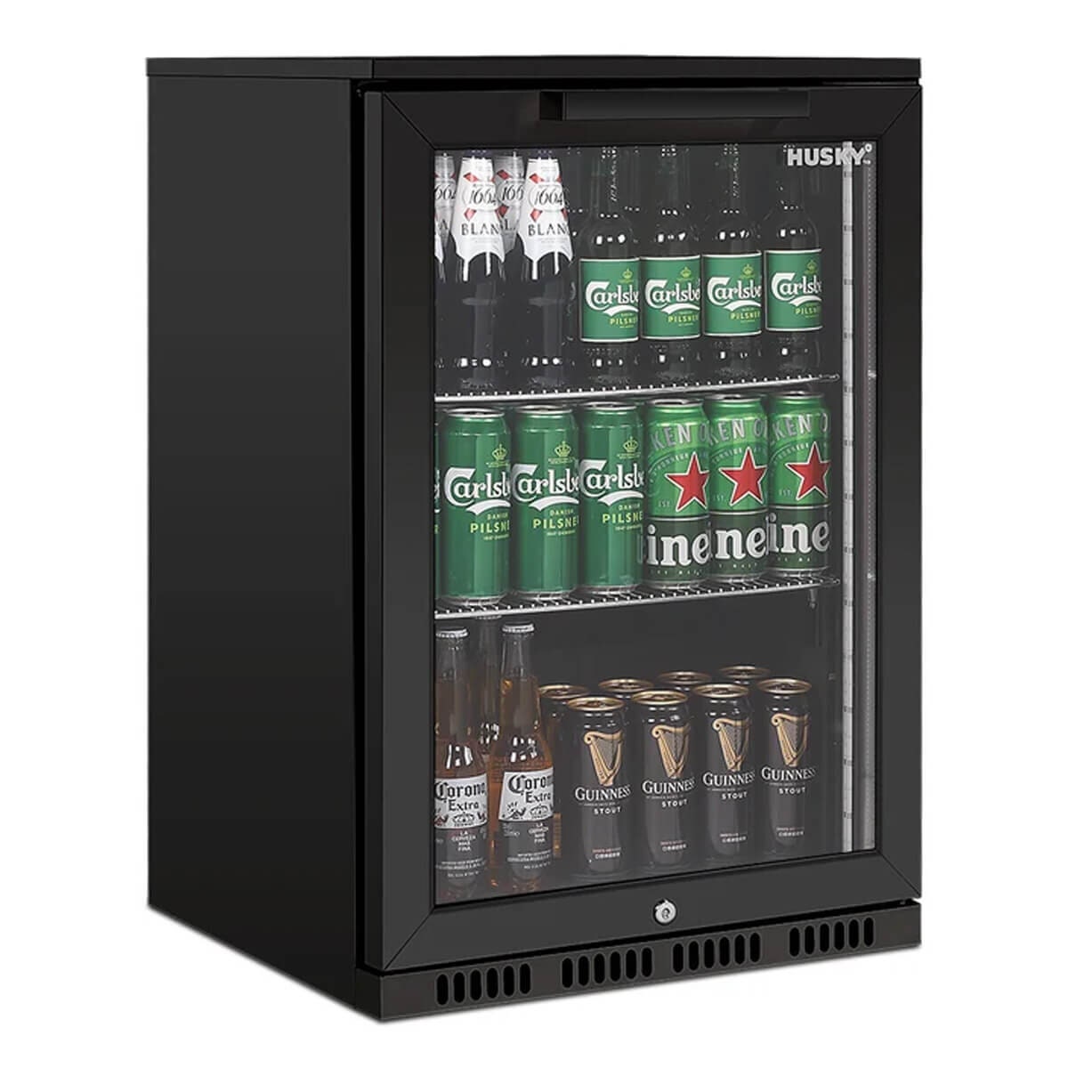 Husky 118L outdoor beverage fridge - black, lockable, anti-condensation glass door - ALFC1BLK840ELB
