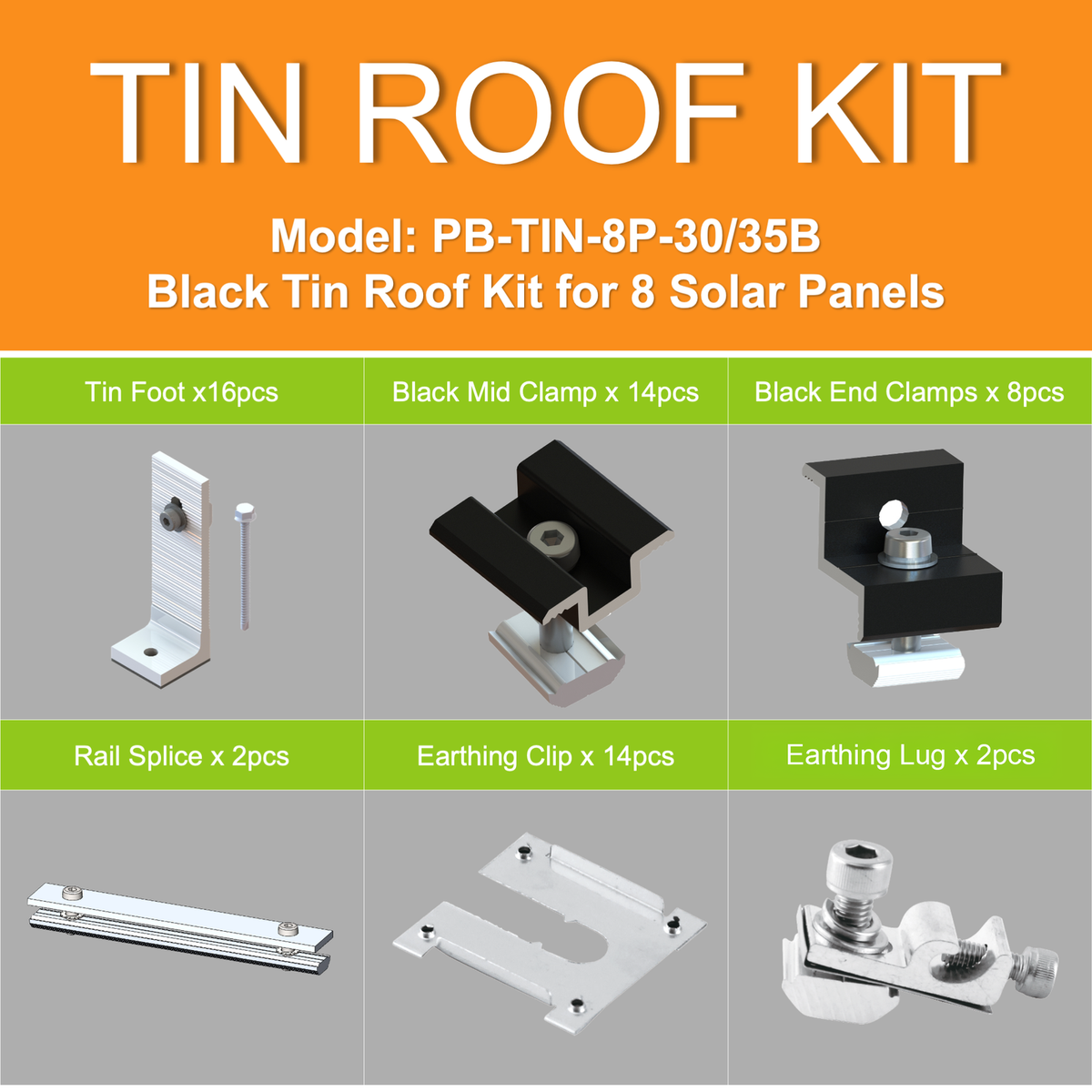 Black Tin Kit 30 35mm - Solar Panel Mounting Kit for 8 Panels - Black - SuperSaverAU - view 2