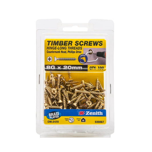 Zenith Timber Screws - 8g x 20mm - Brass Plated - Countersunk Head - 100 Pack