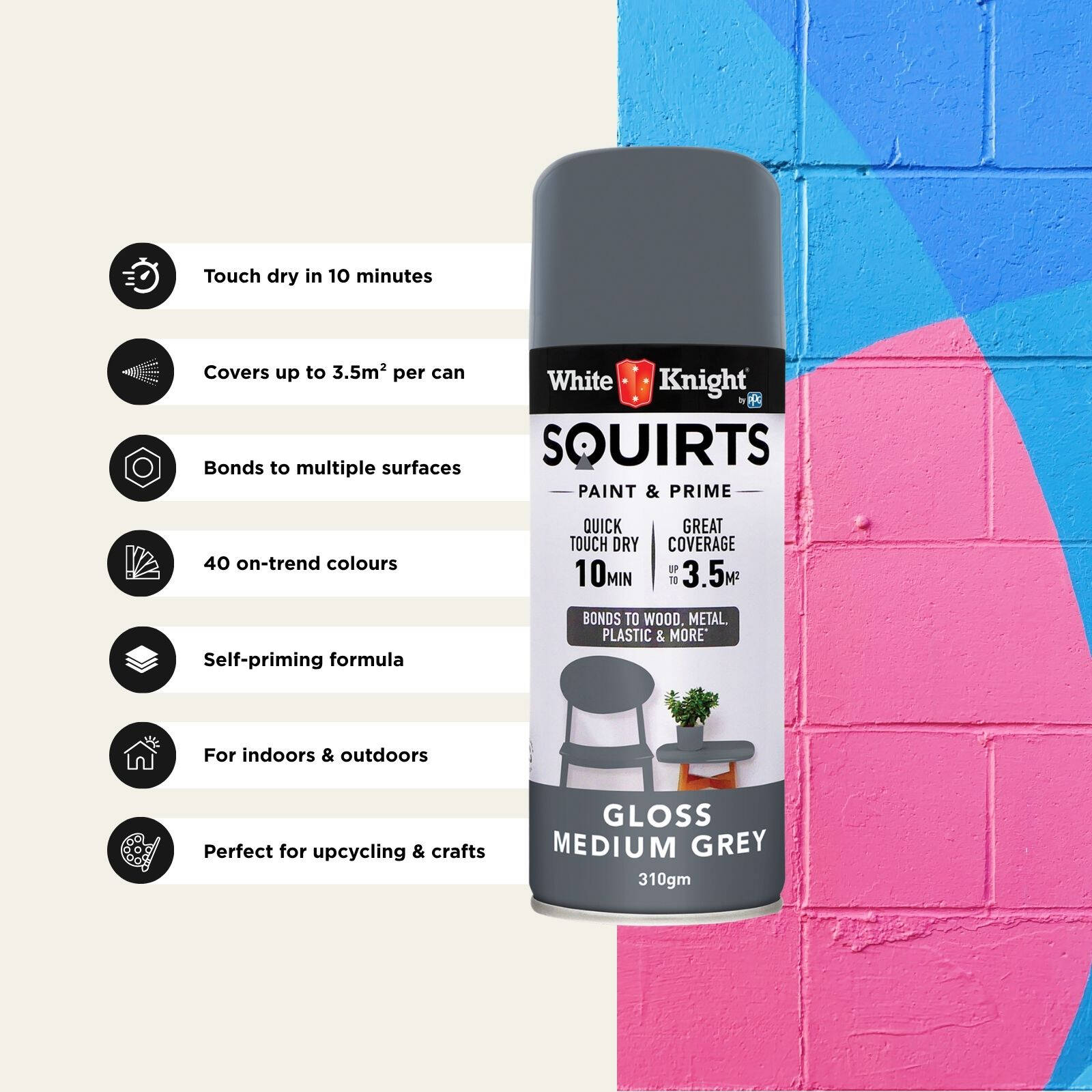 White Knight Squirts Medium Grey Gloss Spray Paint 310g - Solvent-Based, UV Resistant