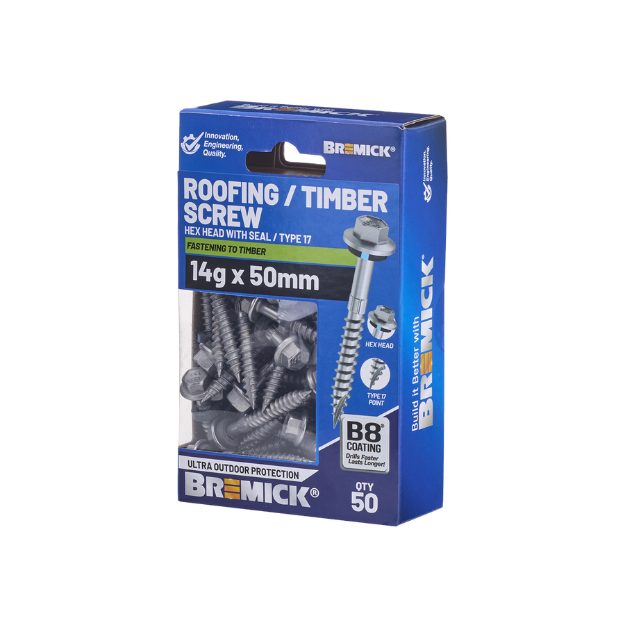 Bremick Hex Roofing Screw 14g x 50mm - Box of 50 - Watertight Seal - Corrosion Resistant - SuperSaverAU - view 1