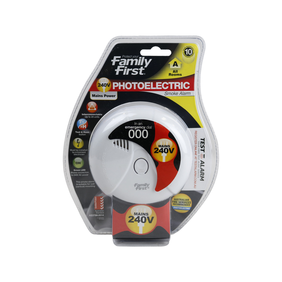 Family First Photoelectric Smoke Alarm 240V Interconnectable Plastic Safety - SuperSaverAU - view 1