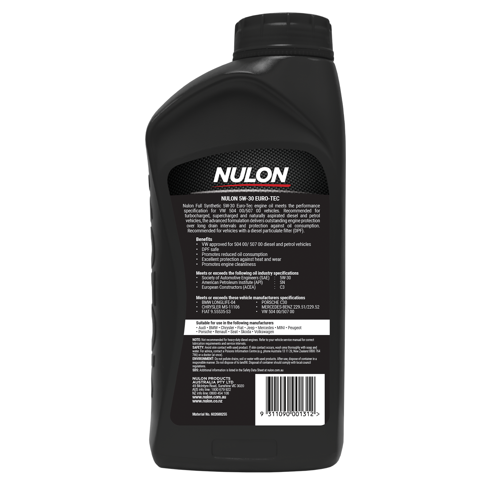 Nulon Full Synthetic 5W-30 Euro-Tec Engine Oil 1L Petrol & Diesel VW 504/507