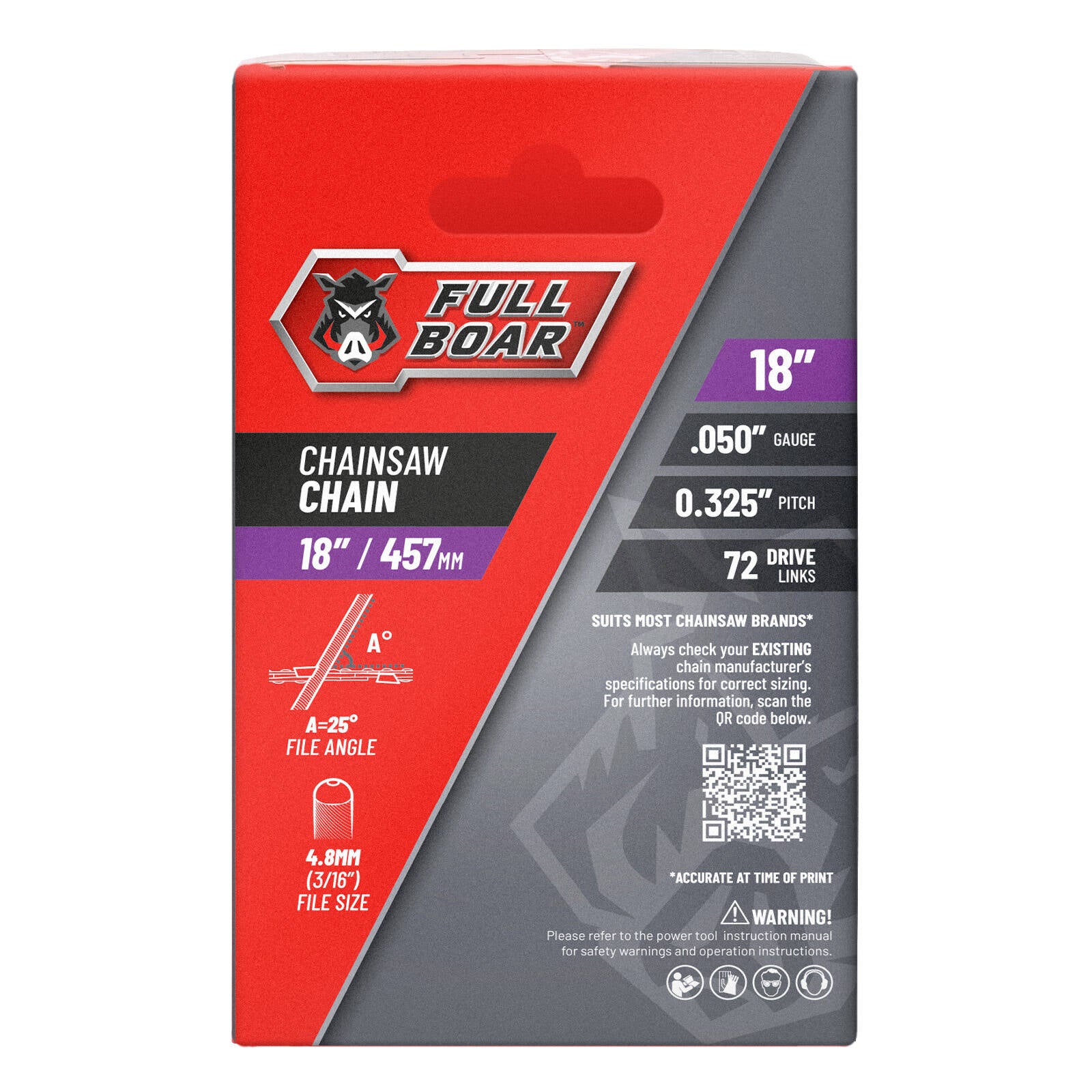 Full Boar 18" / 457mm Chainsaw Chain - 72 Drive Links, 0.325" Pitch, 0.05 Gauge