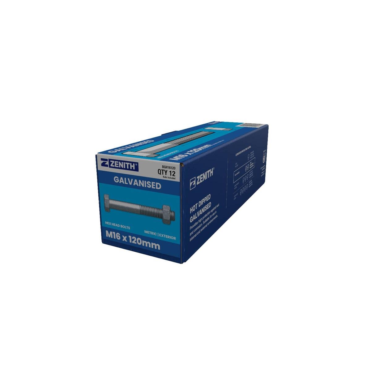Zenith M16 x 120mm Hot Dip Galvanised Hex Head Bolts and Nuts 12 Pack - SuperSaverAU - view 1
