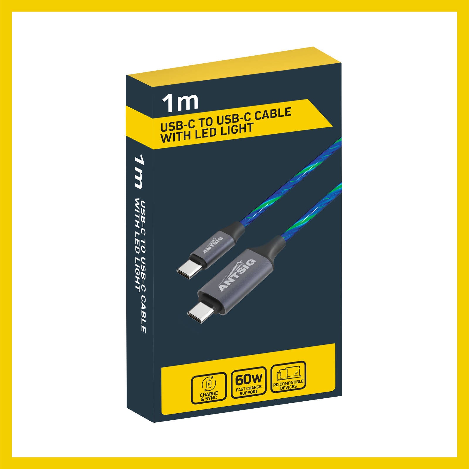 Antsig 1m USB-C to USB-C Light-Up Charging Cable - Blue, AP203