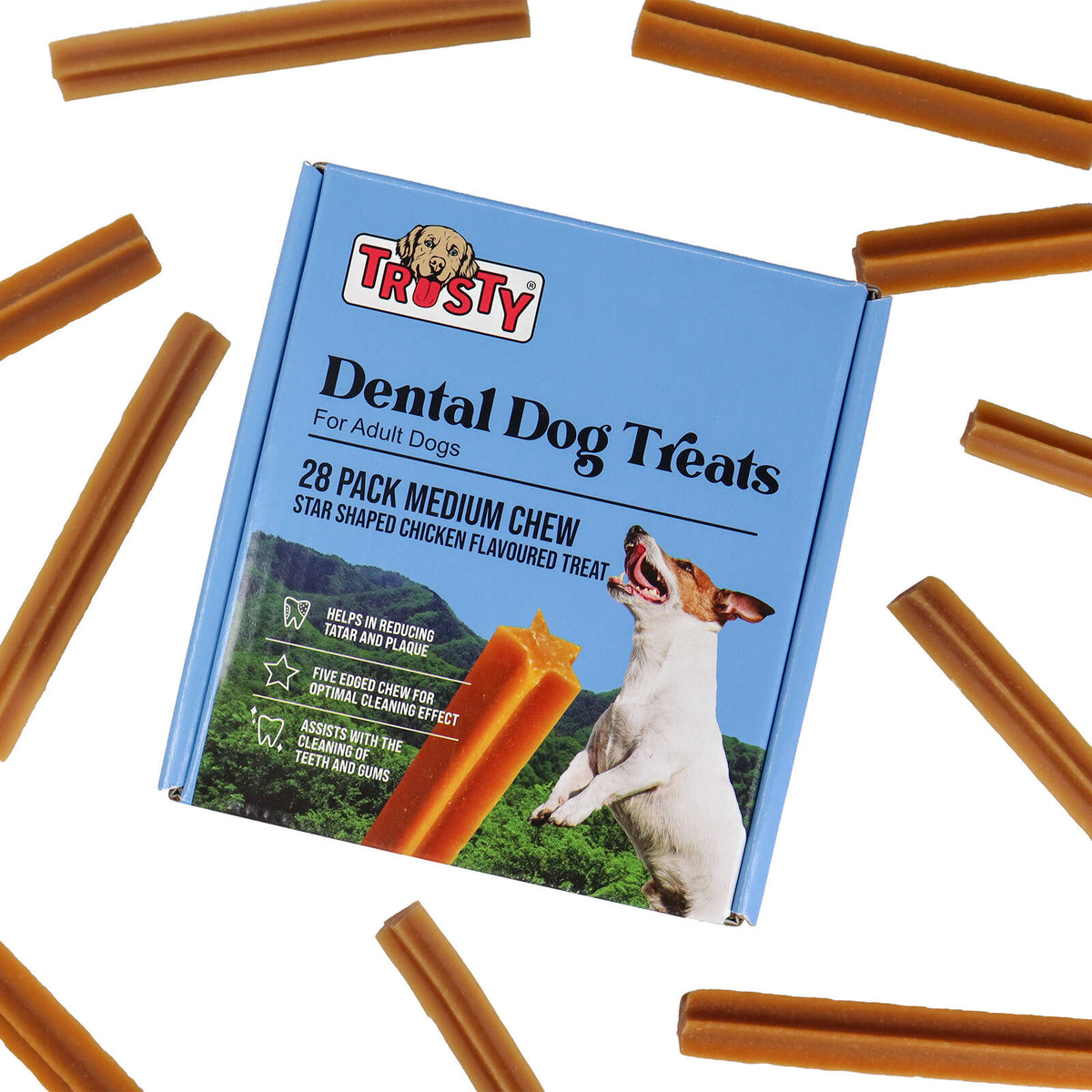 Trusty 28 Pack Star Shaped Chicken Flavoured Medium Dental Chew Stick Dog Treats 504g