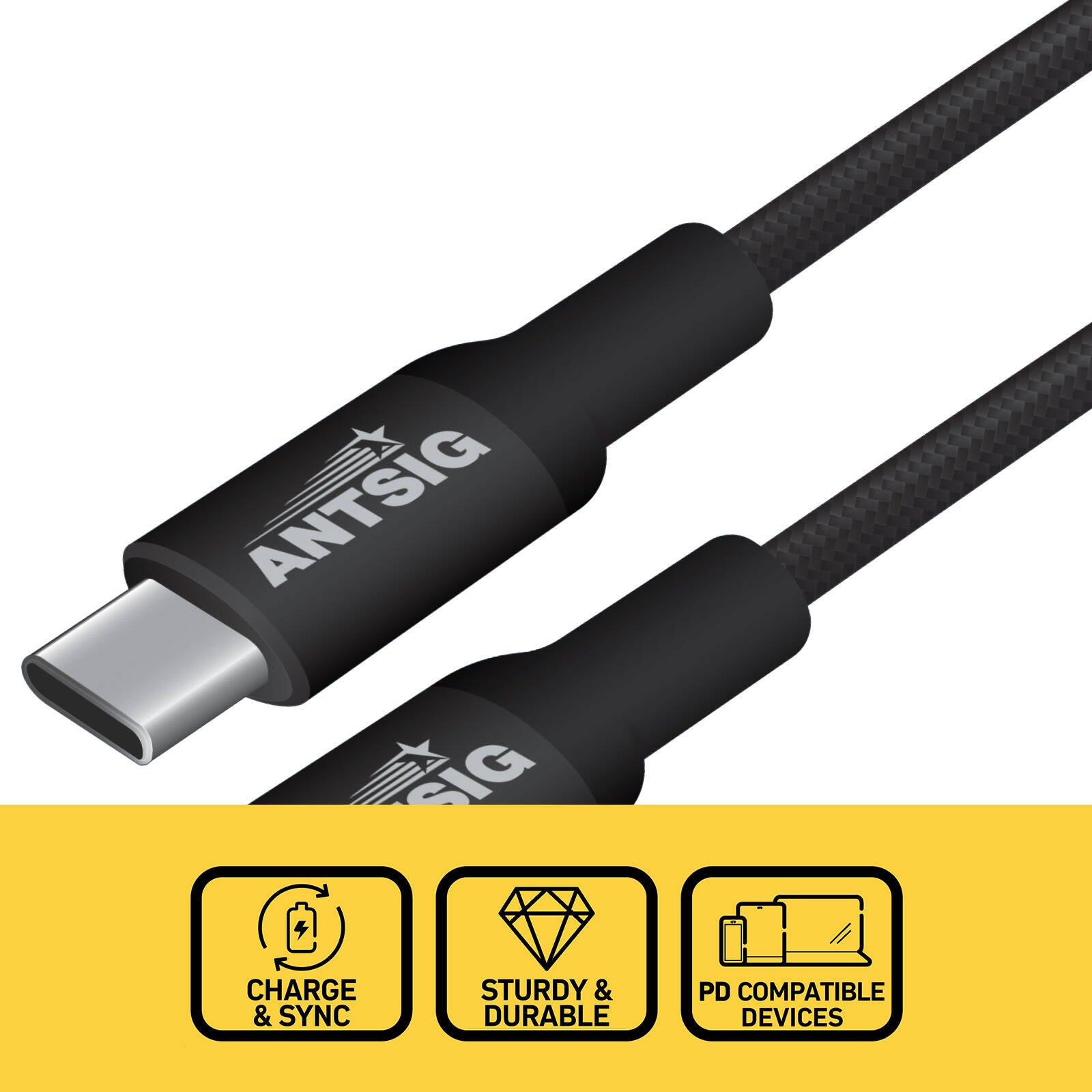 Antsig 1m 100W USB-C to USB-C Cable AP100WCC1 - Black Nylon Braided