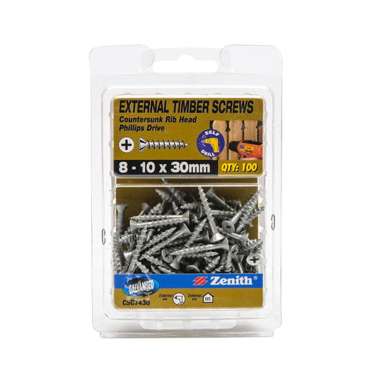 Zenith Timber Screws - 10 x 30mm - Galvanised - 100 Pack - Countersunk Rib Head