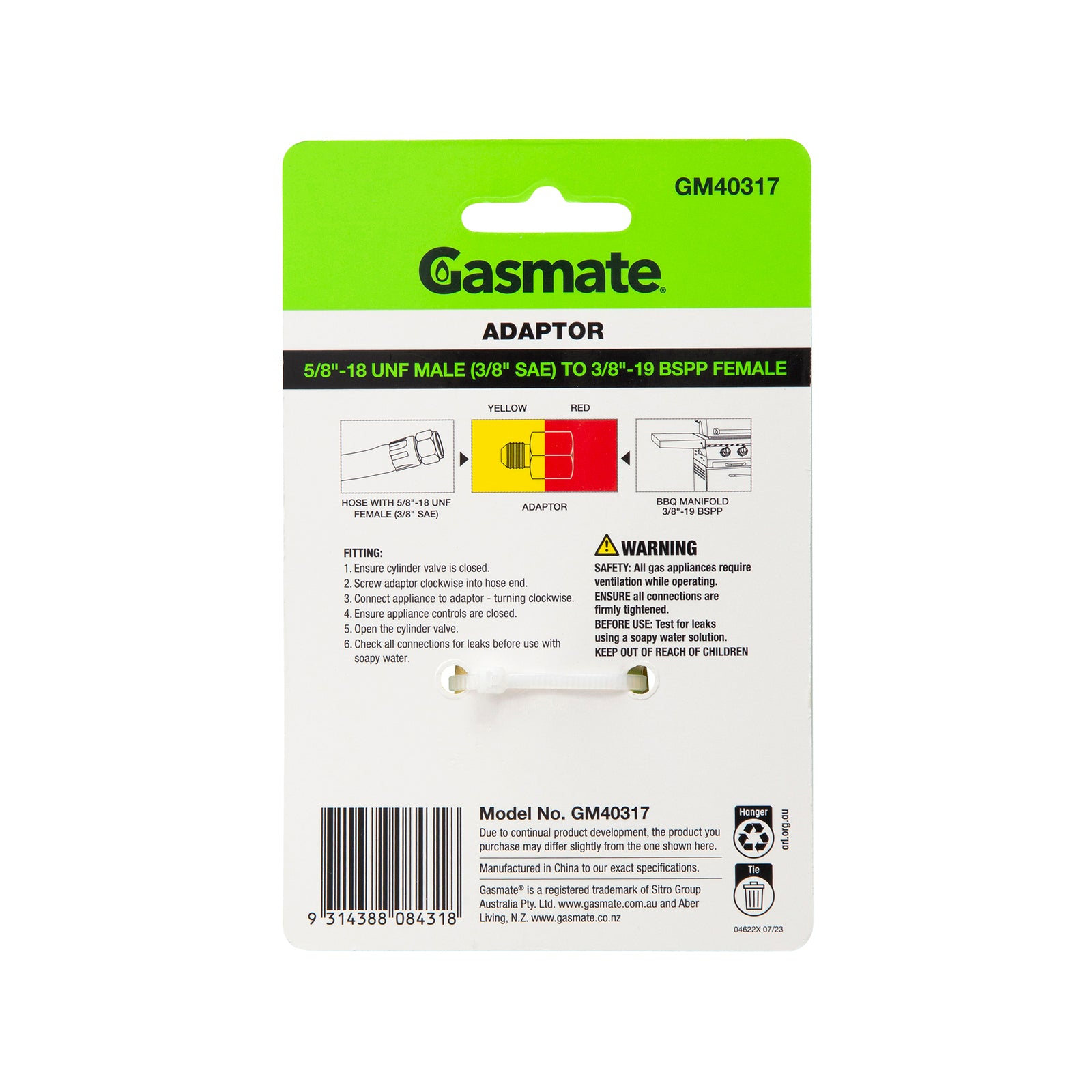 Gasmate Gas Fitting 5/8" UNF (3/8" SAE) to 3/8" BSPP Brass