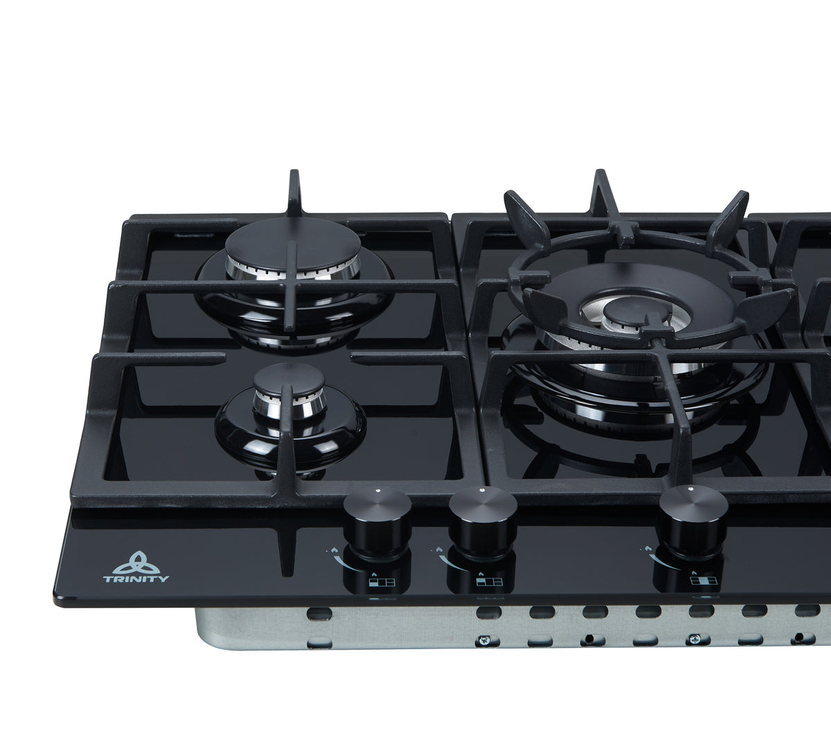 Trinity 70cm 5 Burner Gas Cooktop - Black Tempered Glass - Wok Burner - Cast Iron Trivets - TRG700BK