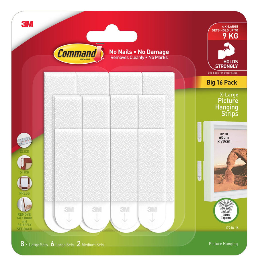 Command White Picture Hanging Strip Mixed Pack 16 Pairs - 96.5mm x 165.1mm - Damage-Free Hanging - SuperSaverAU - view 1