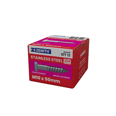 Zenith Hex Head Coach Screws M10 x 50mm Stainless Steel 12 Pack - SuperSaverAU - view 1