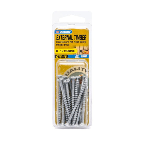 Zenith Timber Screws - 10 x 60mm - Galvanised - Countersunk Rib Head - 15 Pack - SuperSaverAU - view 1