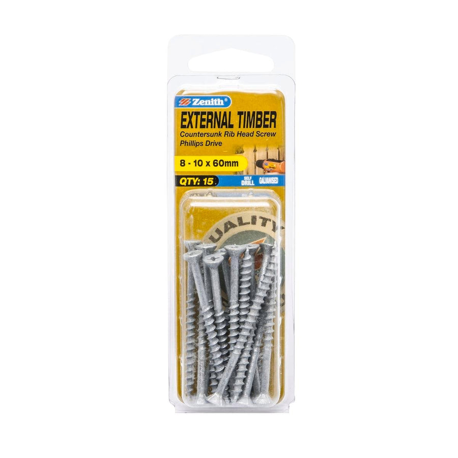 Zenith Timber Screws - 10 x 60mm - Galvanised - Countersunk Rib Head - 15 Pack - SuperSaverAU - view 1
