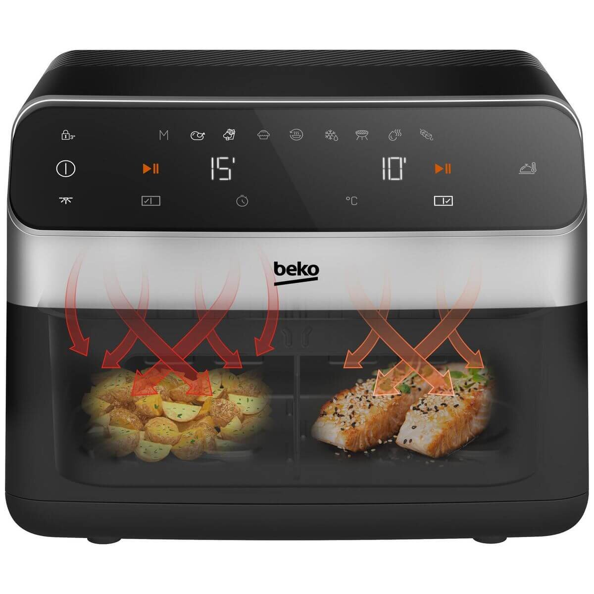 Beko 9.5L Dual Air Fryer - Black - Match Cook, 9 Auto Programs, Viewing Window - FRL6488