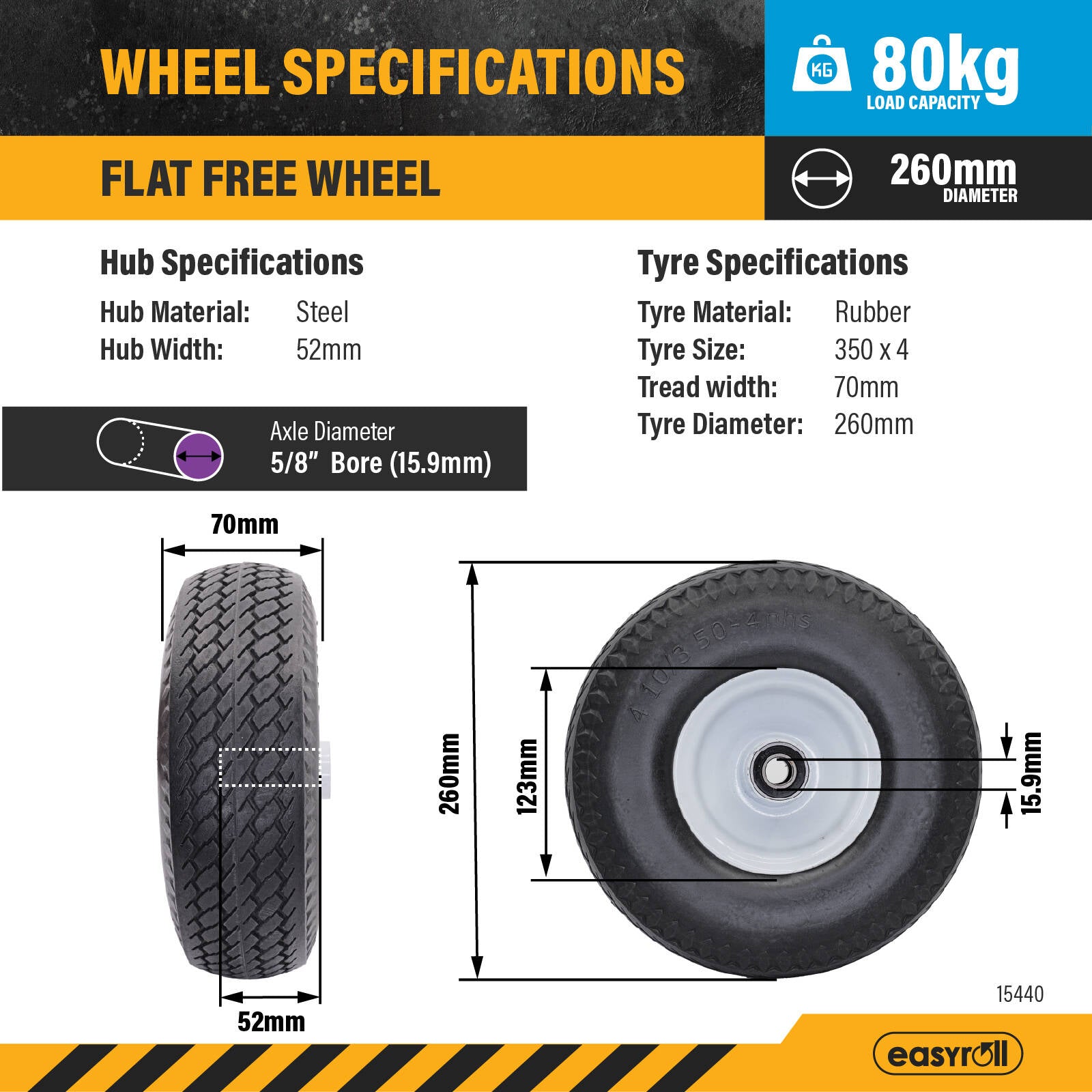 Easyroll 3.5 x 4" Flat Free Puncture Proof Trolley Wheel, 5/8" Axle, 80kg