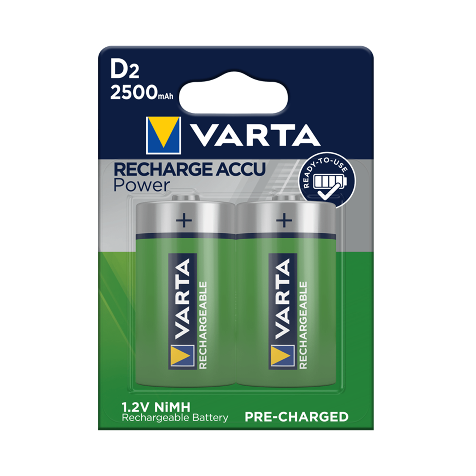 Varta D 2500mAh Rechargeable Ni-MH Batteries 2 Pack Ready to Use