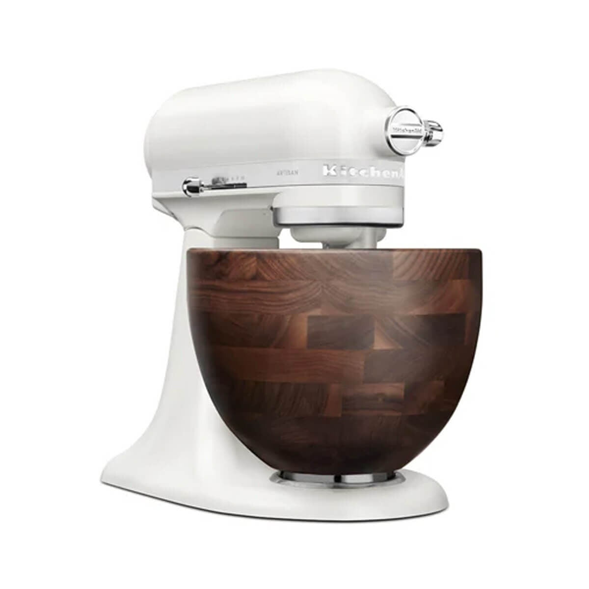 KitchenAid KSM156 Artisan Stand Mixer - Porcelain White, Walnut Wood Bowl, 10 Speeds - 5KSM156WBAPL