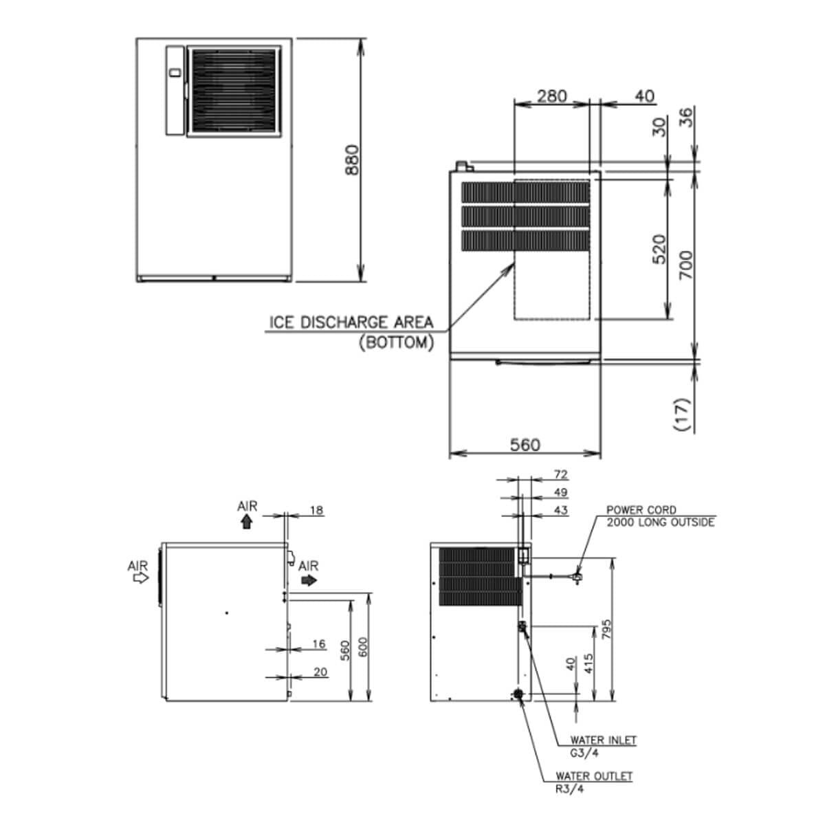 Hoshizaki modular cube ice maker - up to 195kg/day - stainless steel - ice chute included - IM-240APE-28