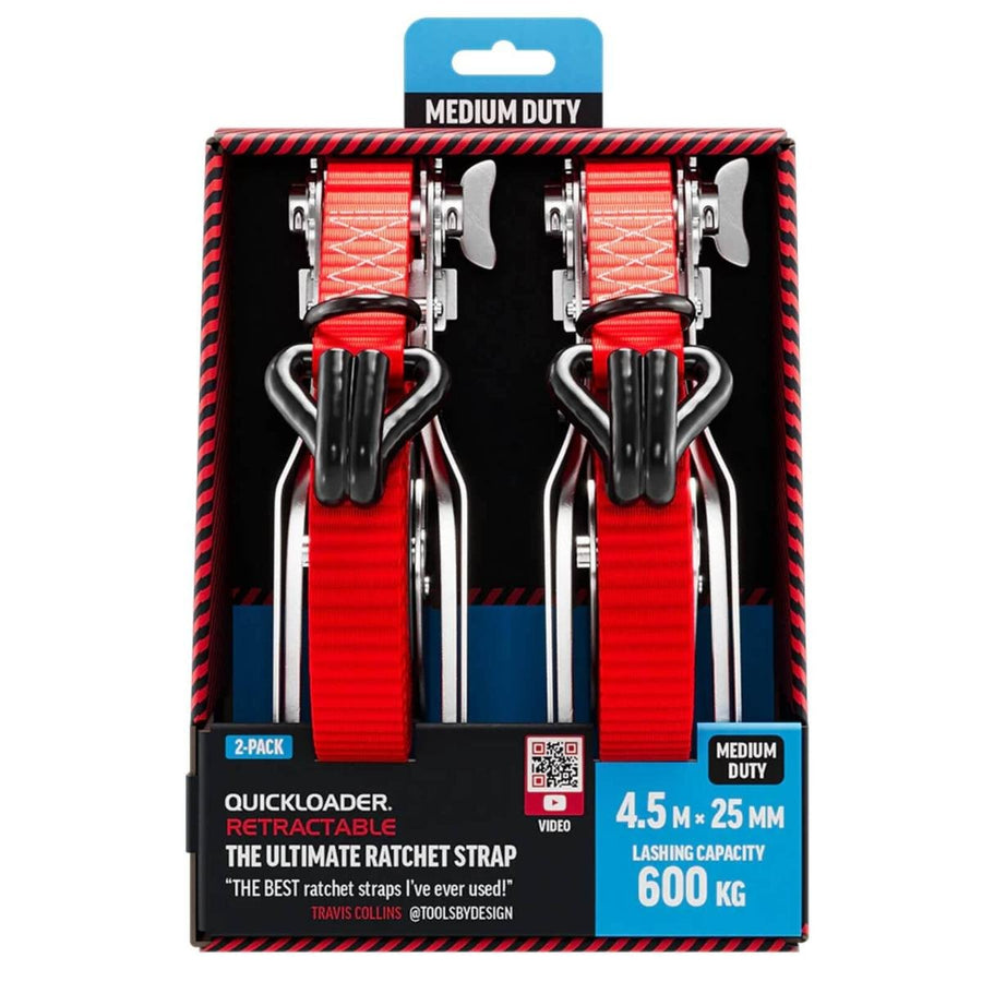 Quickloader Retractable Ratchet Strap Tie Down - 4.5m x 25mm - 600kg - 2 Pack - Durable Webbing - SuperSaverAU - view 1