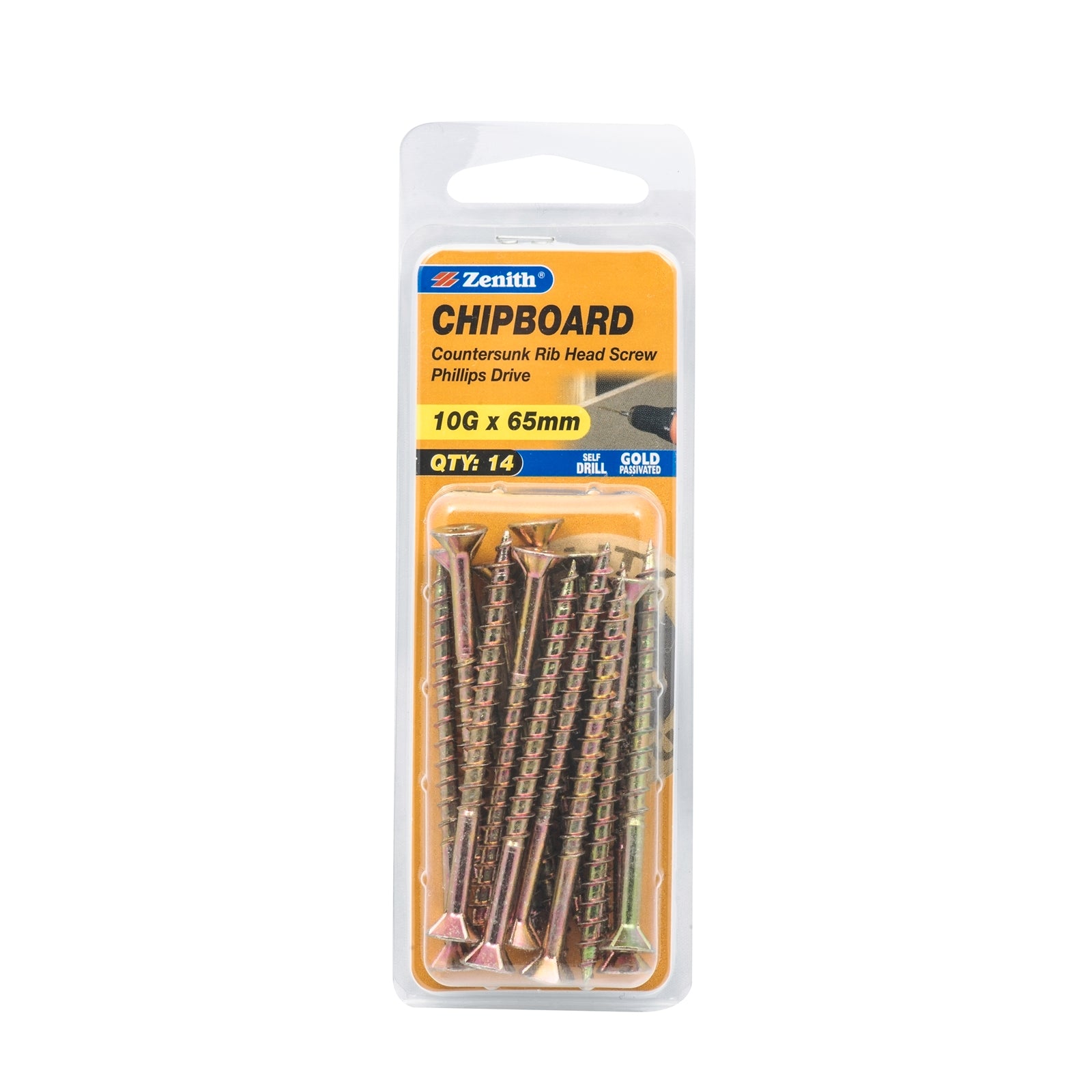 Zenith 10G x 65mm Gold Passivated Countersunk Rib Head Chipboard Screws - 14 Pack