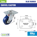 Easyroll 75mm Blue Rubber Heavy Duty Swivel Castor 90kg Load Indoor Outdoor