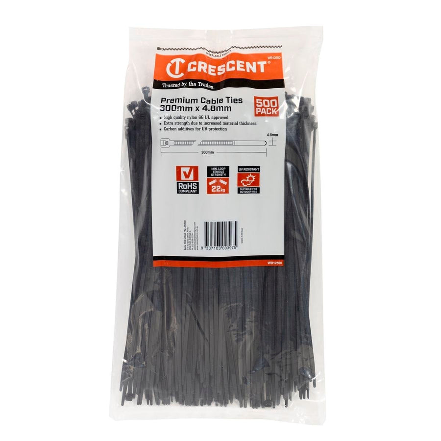 Crescent Black Cable Ties 300mm x 4.8mm Nylon Extra Strength 500 Pack - SuperSaverAU - view 1