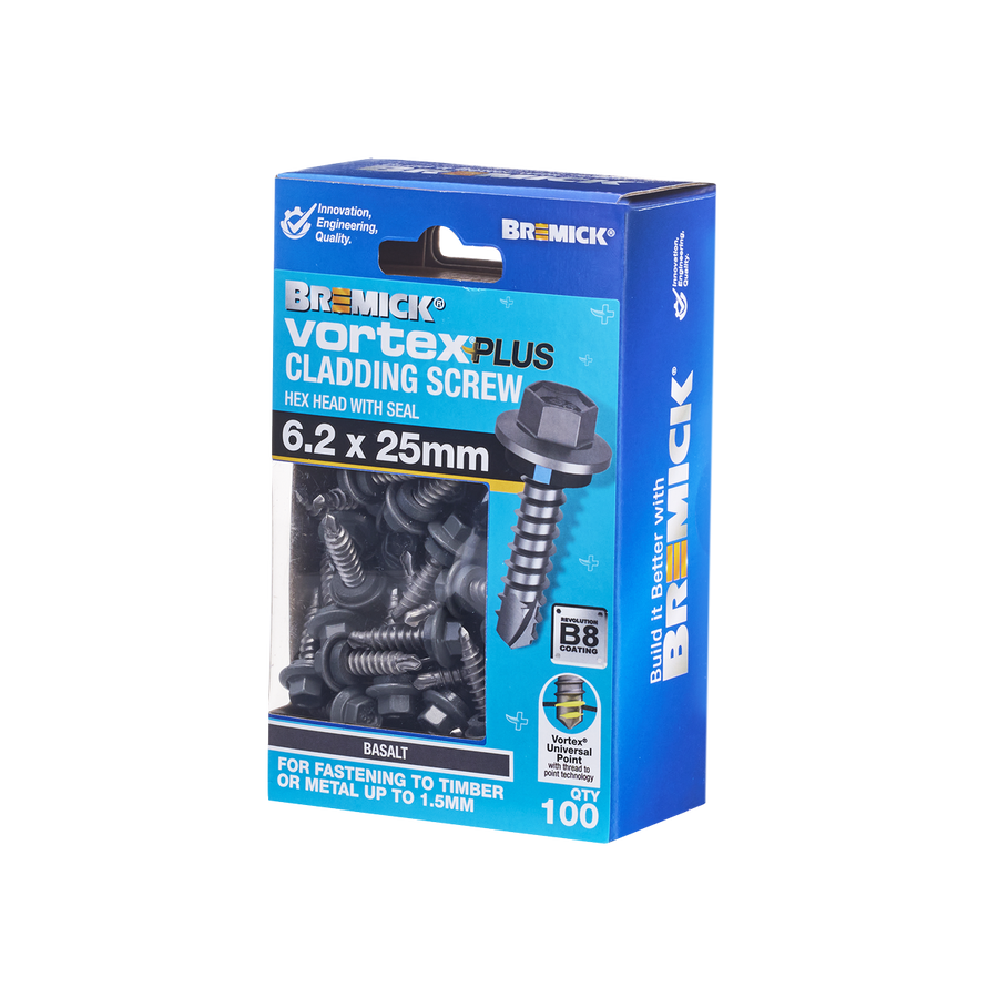 Bremick Vortex Plus Cladding Screw 6.2 x 25mm - 100 Pack - Hex Head - B8 Coating - SuperSaverAU - view 1