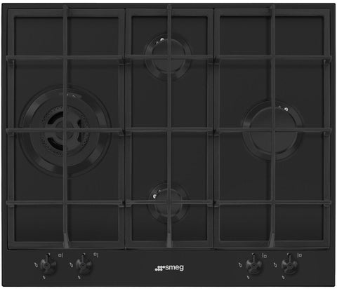 Smeg 60cm 4 Burner Gas Cooktop - Matte Black Stainless Steel - Wok Burner - PX364LMBAU